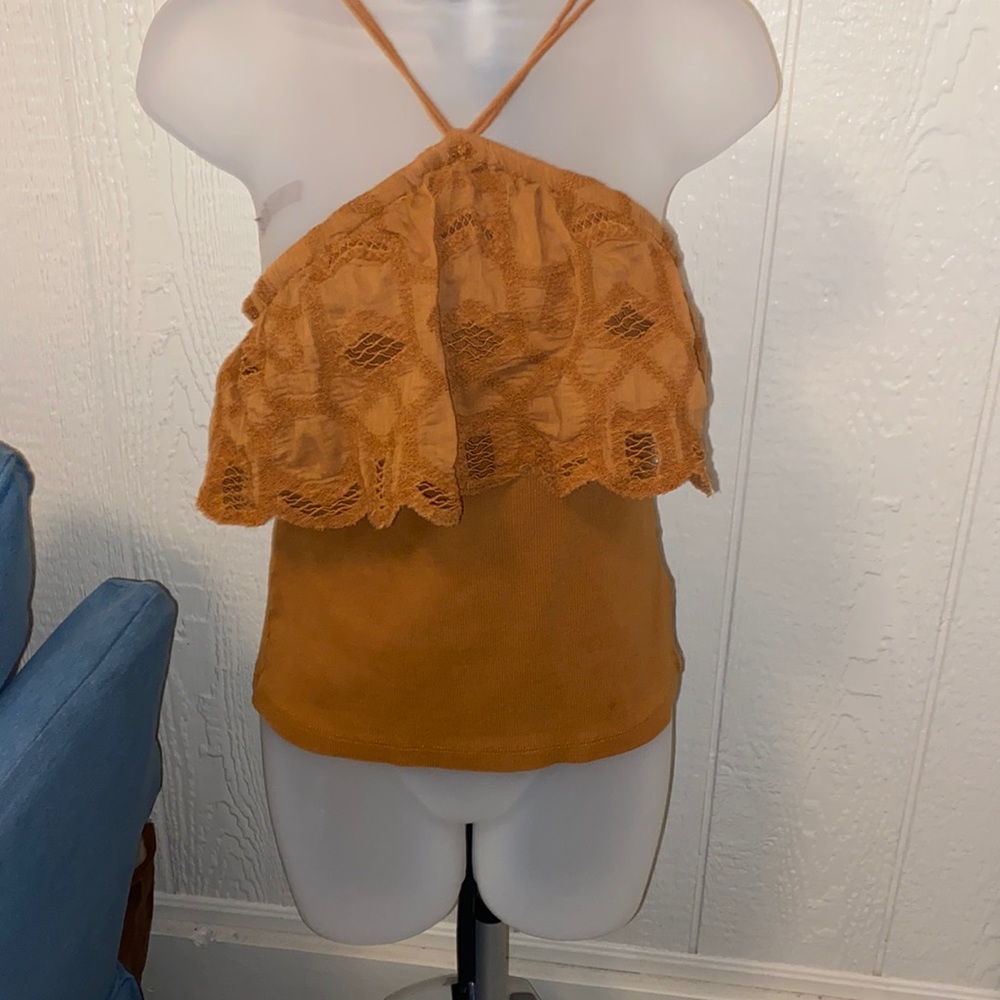 Ruffled halter tank in honey color